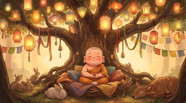 Joyful young monk in deep meditation beneath a mystical, lantern-adorned tree, embodying peace and spiritual reflection for Vesak day, surrounded by serene woodland animals