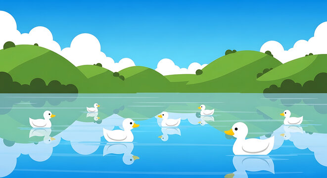 Charming illustration white ducks serenely glide on a calm blue lake, reflecting green hills and a bright sky, crafting a peaceful, idyllic natural scene