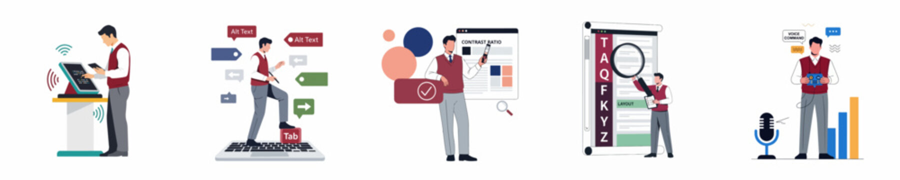 Flat illustrations depicting various web accessibility principles including keyboard navigation, alt text, color contrast ratio, layout inspection, and voice command features.
