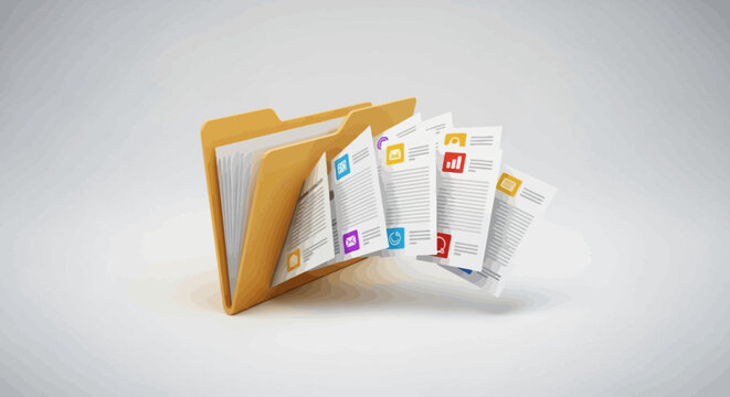 Open file folder with flying paper documents showing application icons in cartoon style on abstract lined background