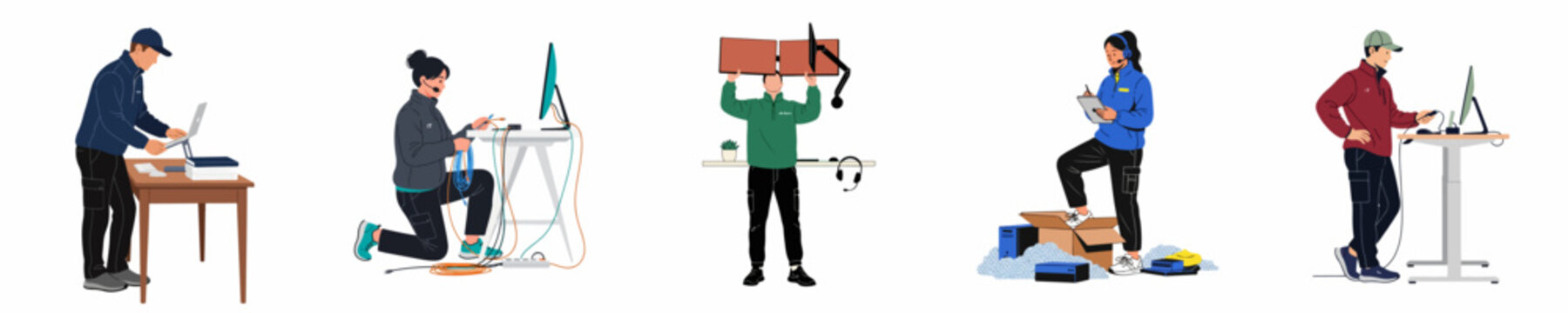 IT support team illustrations showing hardware installation, cable management, workstation setup, and technical maintenance services on white background.