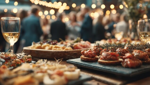 Elegant catering spread featuring assorted appetizers and wine glasses at a festive gathering with blurred guests and decorative string lights in the background