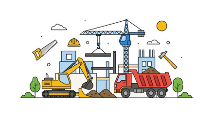 Construction site illustration with excavator, crane, and dump truck. Building progress. © Arana