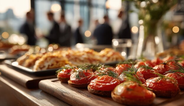 Assorted gourmet appetizers displayed on a wooden table at a business event, with blurred figures of people mingling in the background