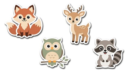 Fototapeta premium Collection of cute woodland forest animal stickers with fox deer owl and raccoon vector illustration isolated on white background