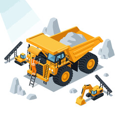 Heavy Duty Mining Dump Truck and Excavators in Operation. © karina