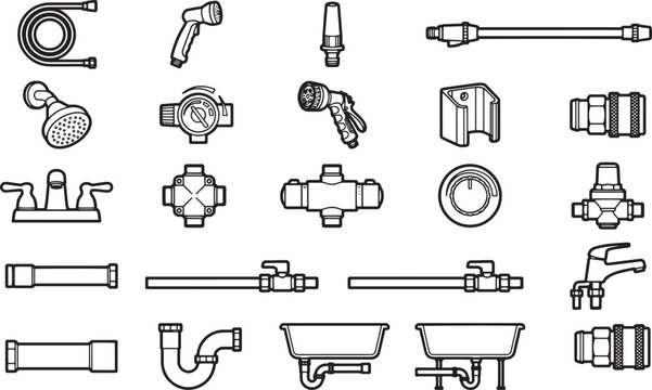 Collection of plumbing equipment, presented in a minimalist, black-and-white style. This collection provides an elegant visual reference for home improvement, plumbing, or DIY projects.
