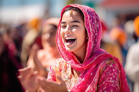 A joyful young Sikh woman in a vibrant pink phulkari dupatta, laughing while participating in the Bhangra dance at an outdoor festival, blurred crowd background, 