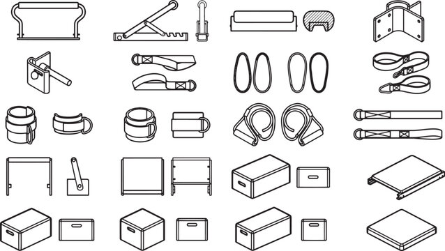 Variety of objects with minimalist black line design, highlighting the details and form of each element. This collection of tools.
