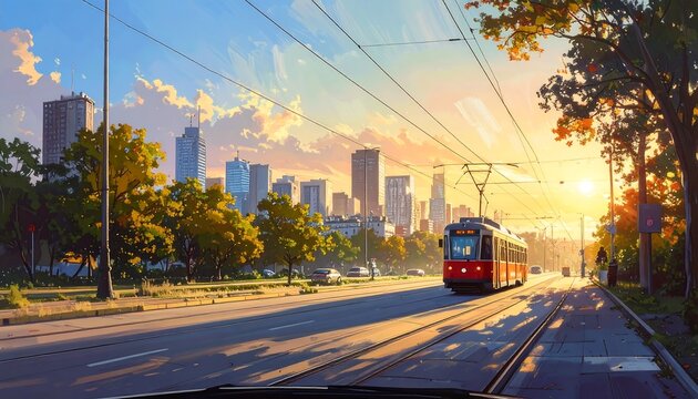 A red tram travels down a city street at sunset