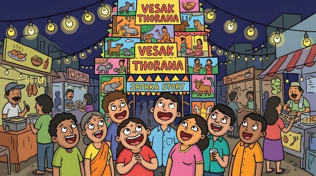 Vesak day celebration with vibrant street festival, families enjoying traditional food and performances