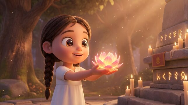 A Young Girl Holding a Glowing Lotus Flower, Symbolizing Peace and Enlightenment on Vesak Day, Surrounded by Candles and Ancient Runes