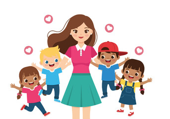 Obraz premium Happy Teacher and Diverse Group of Smiling Children Illustration - Kindergarten, Daycare, and Education Concept with Heart Icons on White Background
