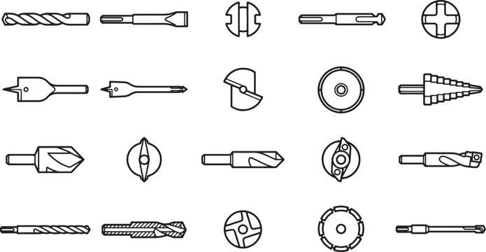 Detailed schematic of various drill bit designs. Perfect for illustrating technical concepts or showcasing tool variety.