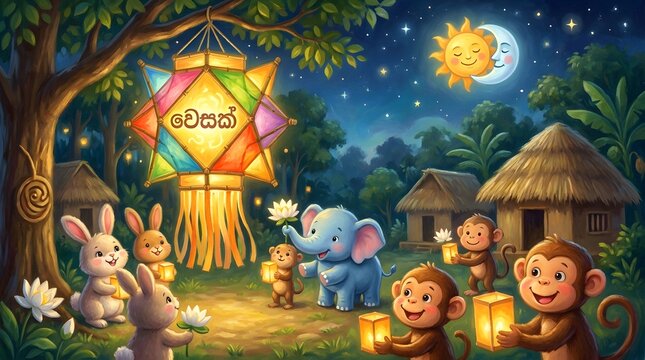 Joyful Vesak day celebration with adorable forest animals under a moonlit sky, a cheerful monkey lighting colorful lanterns, symbolizing peace and togetherness