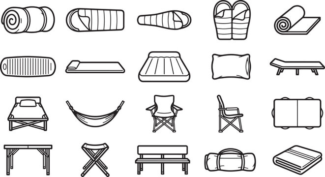 A collection of camping equipment, each item drawn in precise detail, creating a complete guide for the outdoors. 