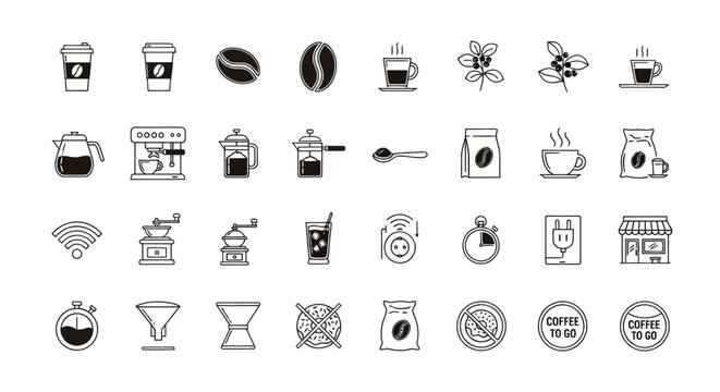 Coffee Icons Set: Beans, Cups, Machines, Grinders, Brew Methods, To Go
