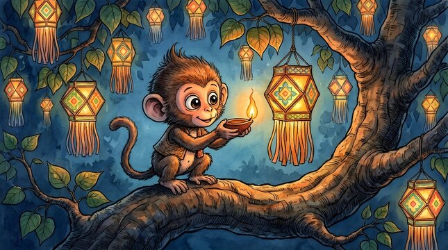 A Cute Monkey Celebrating Vesak Day by Lighting Lanterns on a Tree Branch, a Whimsical Scene
