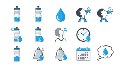 Fototapeta premium Hydration Icons: Water Bottles, Droplets, Drinking, Clock, Calendar, Reminder Bells