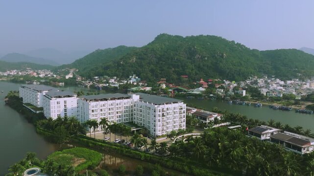 Aerial 4K view of winding Cai River with tropical coconut palms in Nha Trang near po nagar cham temple, Vietnam
the natural beauty of Central Vietnam&rsquo;s river systems