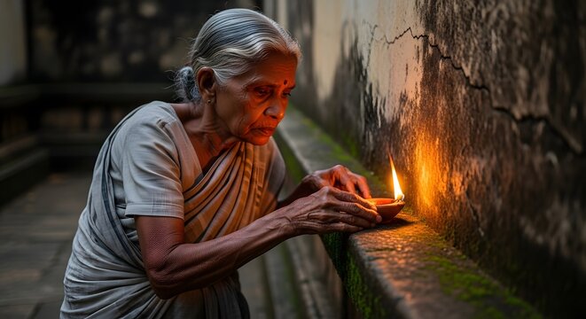 A serene elderly woman lighting a terracotta oil lamp on Vesak day, illuminating tradition and spirituality