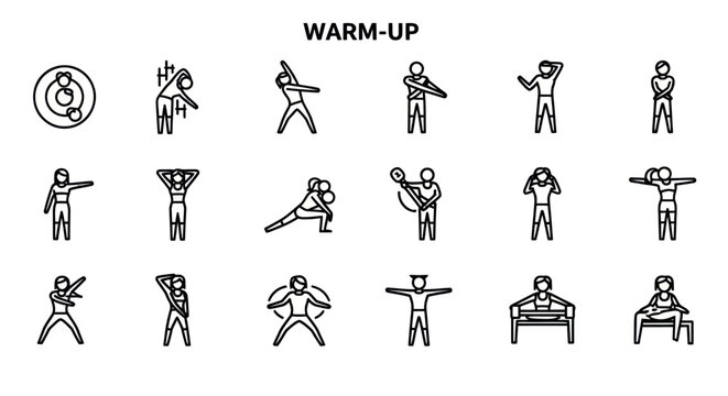 Fitness Warm-Up Exercises Icons Set: Stretching, Yoga, Bodyweight Training Poses
