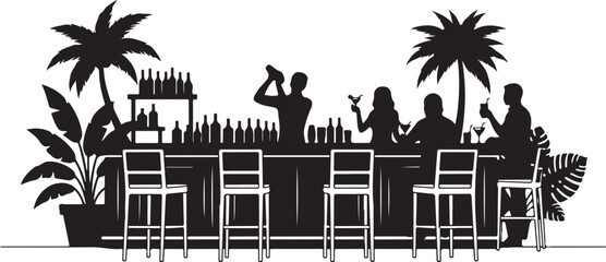 Obraz premium Black silhouette of people sitting at tropical bar with