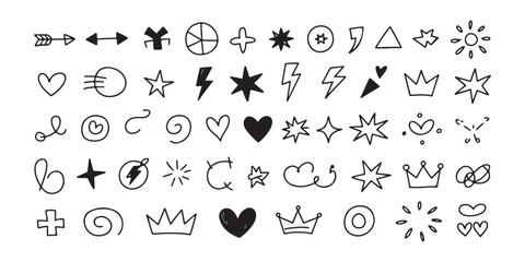 Fototapeta premium Set of hand-drawn doodle design elements including arrows, stars, hearts, crowns, and suns on transparent background.