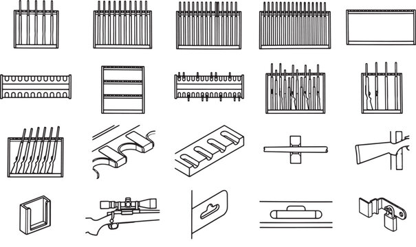 A collection of stylized gun parts, creating a comprehensive inventory of weapons elements, showcasing the components. 