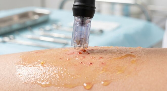 Microneedling device infusing PRP serum into skin