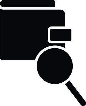 Black and white vector icon featuring a bifold wallet being inspected by a magnifying glass.