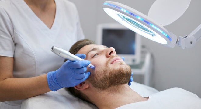 Man receiving microneedling treatment for acne scars