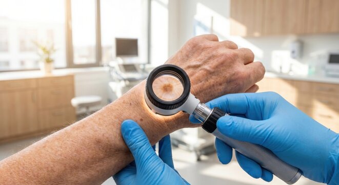 Doctor checking mole with dermatoscope on elderly wrist
