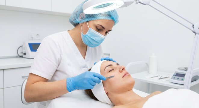 Aesthetician performing dermaplaning treatment on female client