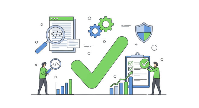 Business success, coding, analytics, and security concept illustration with checklist and checkmark