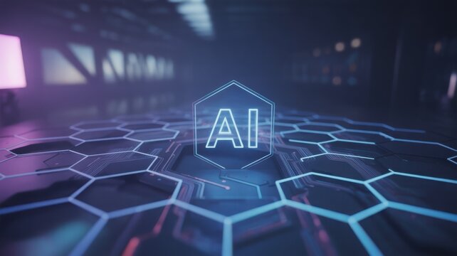 A futuristic technology background with glowing blue circuits and AI logo in a dark room