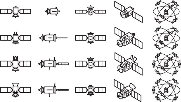 An abstract array of graphic icons of space stations that represent technology and exploration of space.