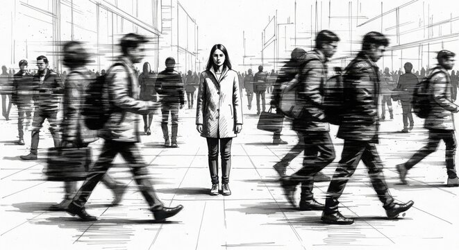 Woman Standing Still Amidst Blurred Commuters on City Street