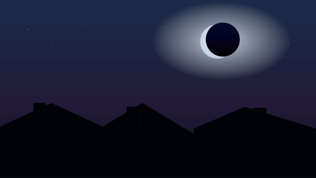 Halloween Night Background with Solar Eclipse, Glowing Corona and Rooftop Silhouettes Vector Illustration