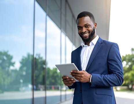A smiling black man in a blue suit holding a tablet