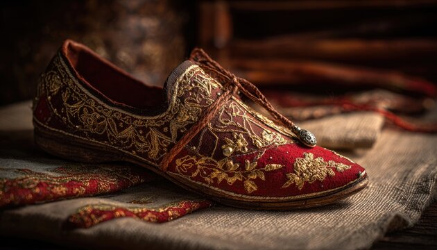 A professional photograph of a traditional Punjabi jutti (footwear), gold and red embroidery, placed on a textured fabric, side angle, artistic lighting highlighting the craftsmanship