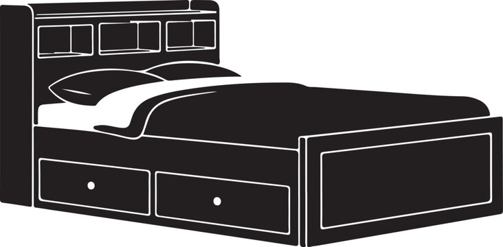 Black bed with two drawers and headboard white outline traced