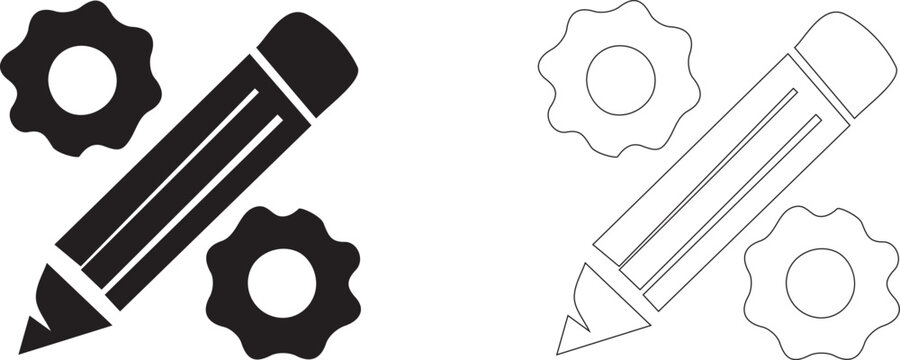 Pencil with Gear Icon Set - Engineering Design, Technical Drawing and Creative Development Symbol in Black and White Line Art