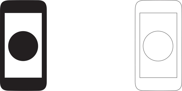 Smartphone with Circle Icon Set - Mobile App Button, Touch Screen Interface and Digital Device Symbol in Black and White Line Art