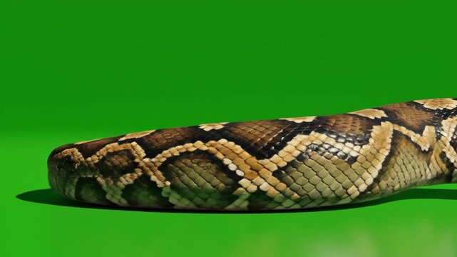 A detailed python snake with intricate scales and patterns slithers across a vibrant green screen background, perfect for VFX.