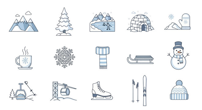 Winter Icon Set: Snow, Mountains, Igloo, Skis, Sled, Snowman, Hot Drink
