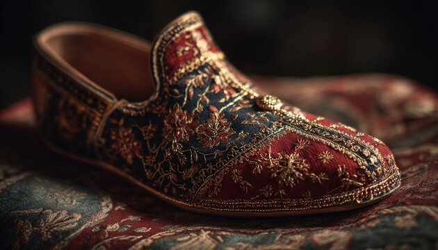 A professional photograph of a traditional Punjabi jutti (footwear), gold and red embroidery, placed on a textured fabric, side angle, artistic lighting highlighting the craftsmanship