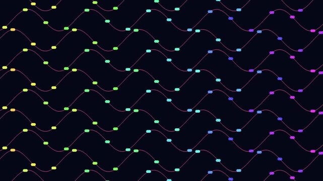 Abstract footage of repeating neon wave lines with glowing dots on a dark background, creating a seamless geometric pattern for technology, data, and modern design