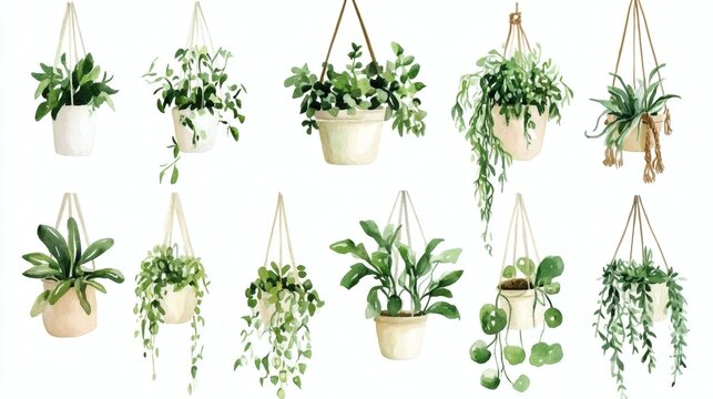 Watercolor illustration of ten hanging potted houseplants, various green foliage styles on white background