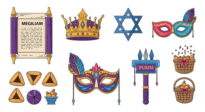 Purim Holiday Symbols: Megillah scroll, masks, crown, Star of David, grogger, hamantaschen